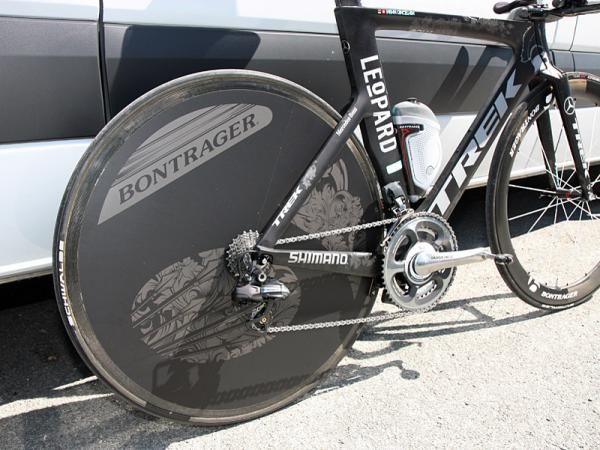 The rear wheel is covered with a big 'Bontrager' decal but underneath is a Lightweight disc.
