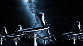 An artist’s impression of the SKA’s 15-meter dishes, staring up at the Milky Way.