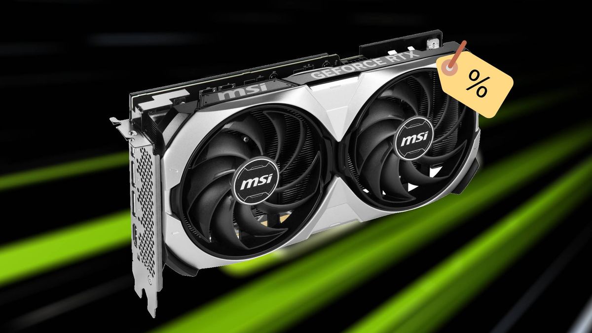 MSI RTX 4070 Ti GPU with emoji price tag attached and green backdrop