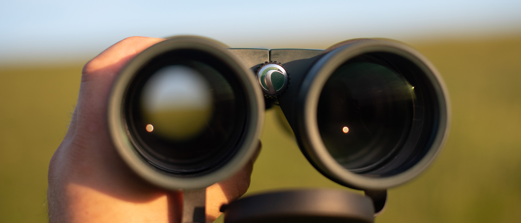 A pair of Celestron Nature DX 12x56 binoculars, held by the left eyepiece.