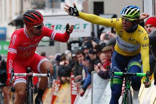 Michael Matthews gestures at Nacer Bouhanni following the sprint during stage 2 at Paris-Nice.