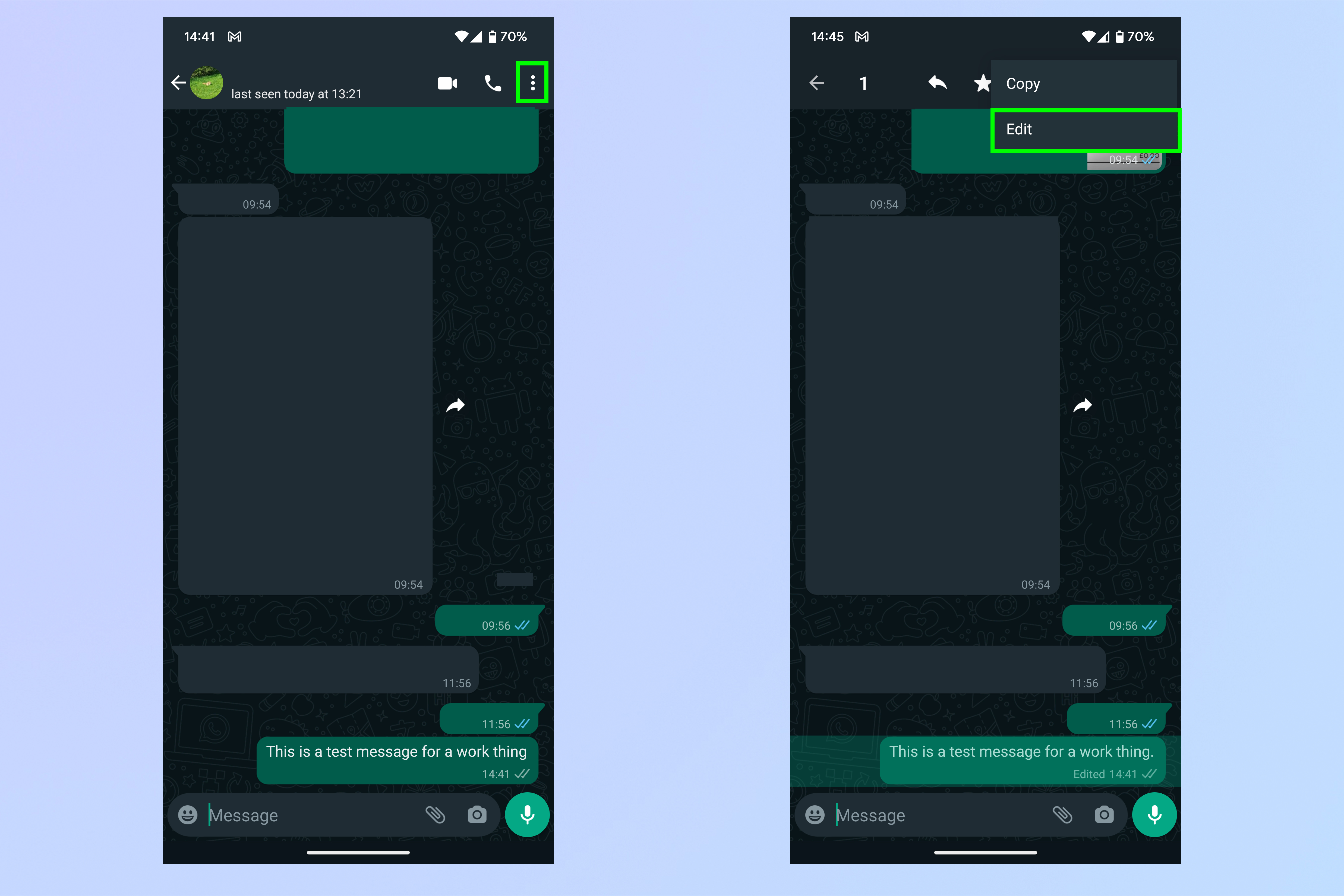 Скриншот, показывающий, как редактировать сообщения WhatsApp на Android