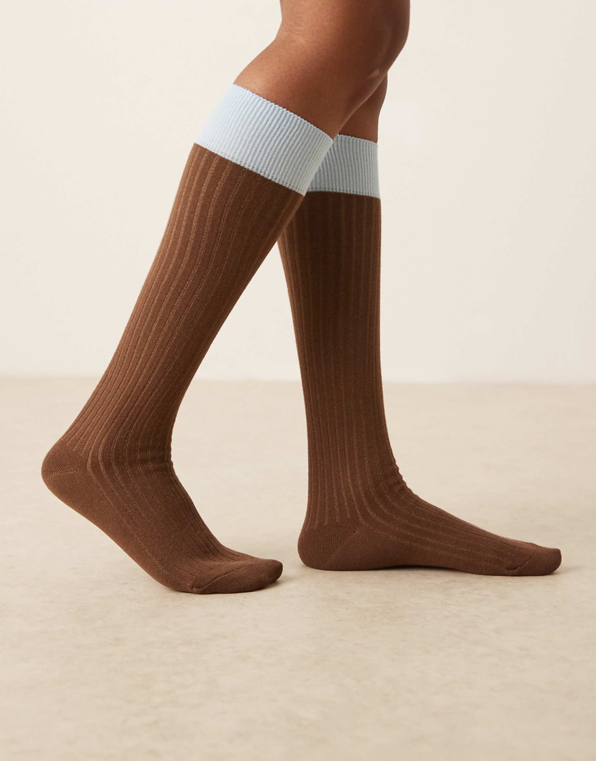 Asos Design Ribbed Contrast Panel Knee High Socks in Chocolate