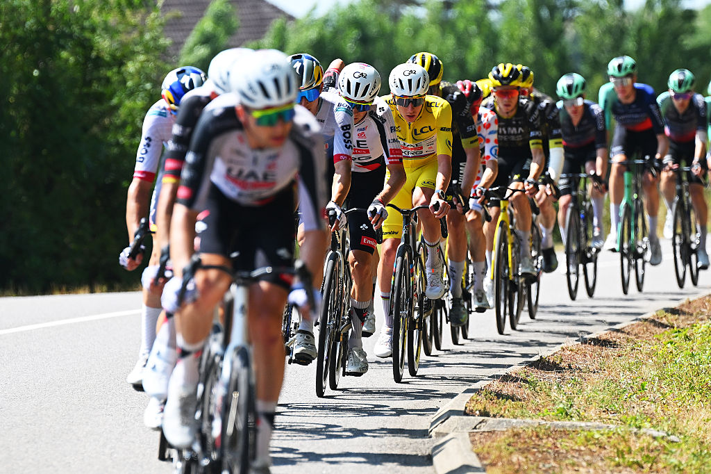 BELFORT, FRANCE - JULY 17: Tadej Pogacar of Slovenia and UAE Team Emirates - XRG - Yellow Leader Jersey competes during the 113th Tour de France 2026, Stage 13 a 205.8km stage from Dole to Belfort / #UCIWT / on July 17, 2026 in Belfort, France. (Photo by Tim de Waele/Getty Images)