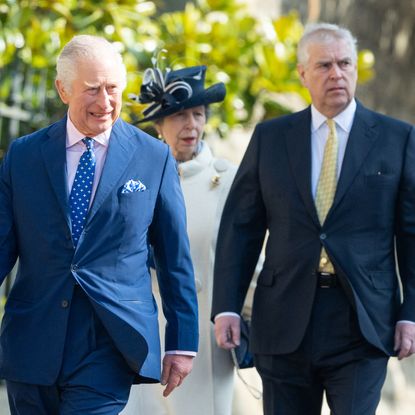 King Charles III and Prince Andrew both wear suits to attend the Easter Mattins Service at Windsor Castle on April 09, 2023