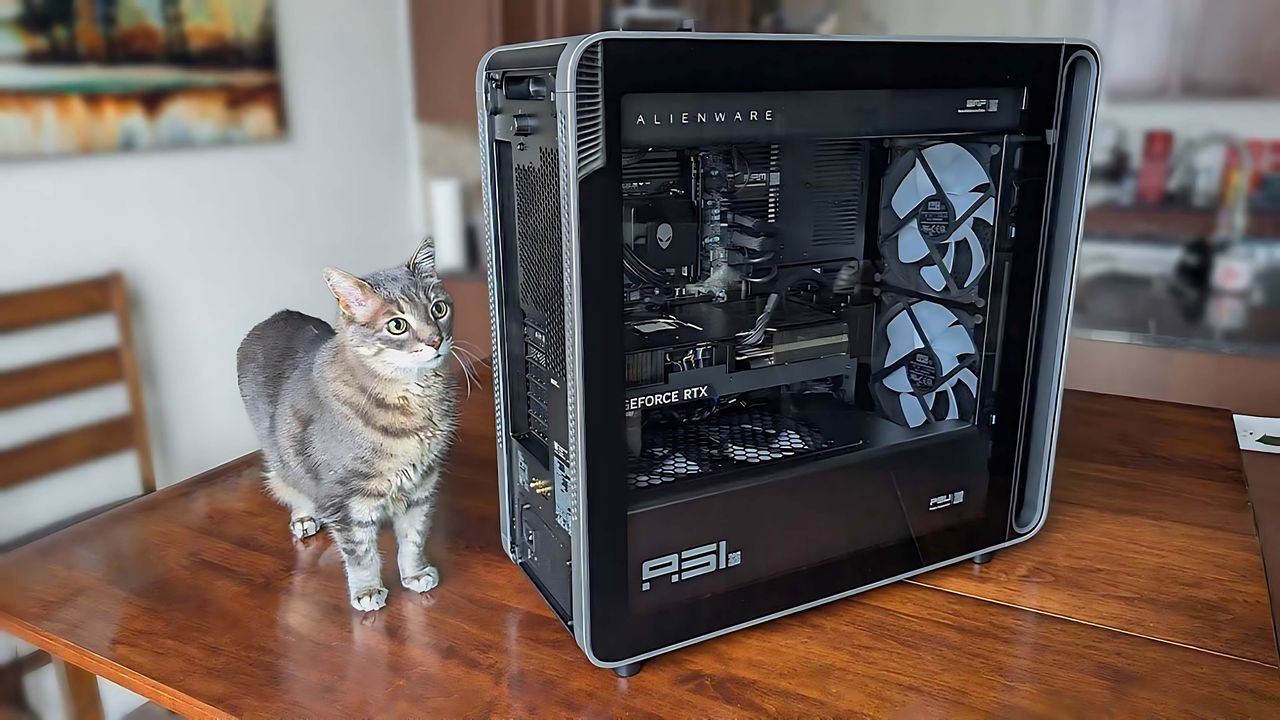 A cat on a table next to the Alienware Area-51 Gaming Desktop (2025).