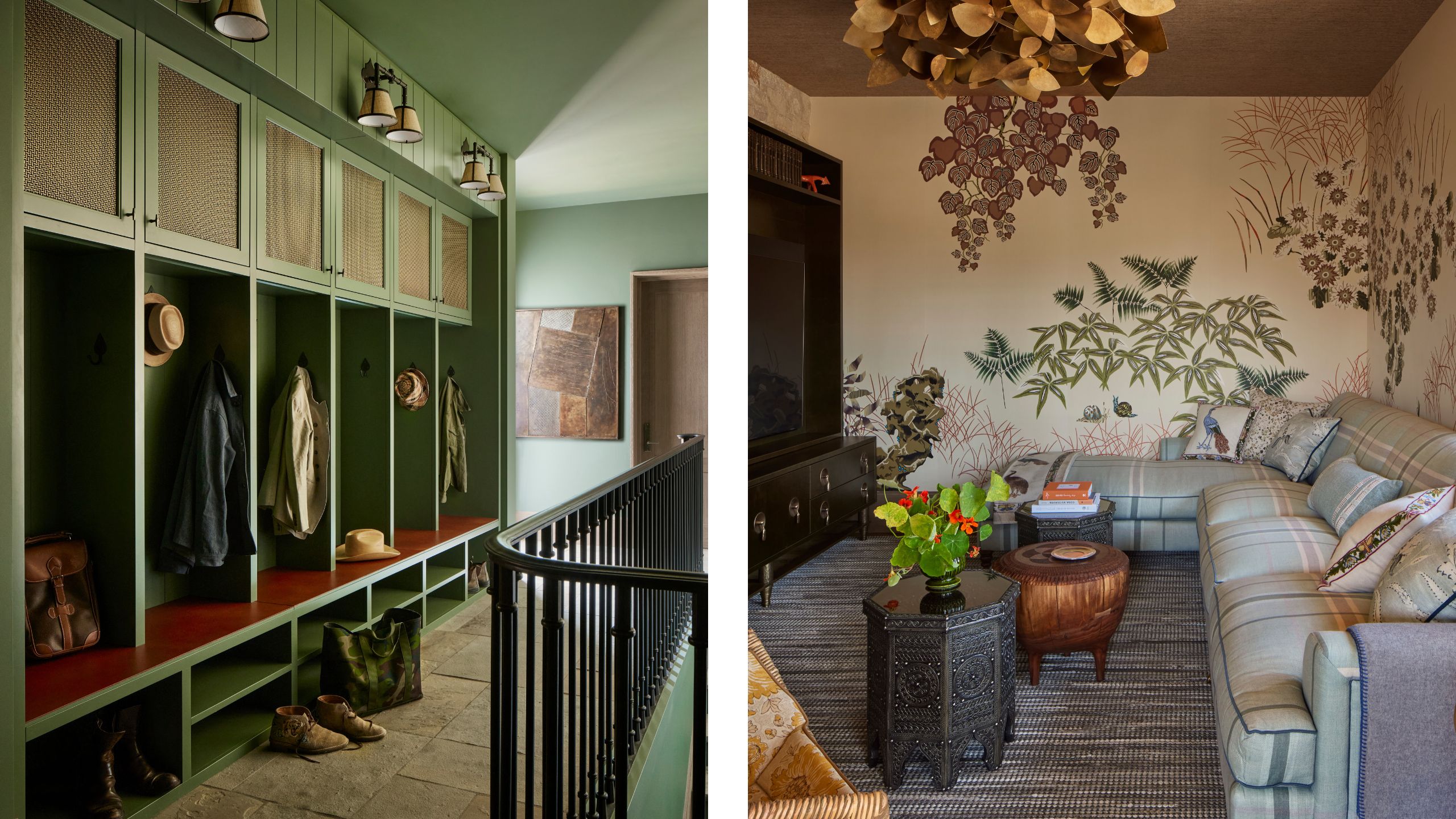 two side by side images of a green mudroom with storage cubbies and a wallpapered family room with botanical mural and plaid sofa