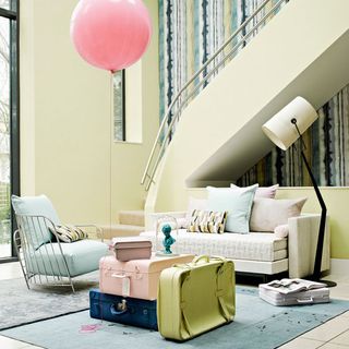 living room with sofa and ballons