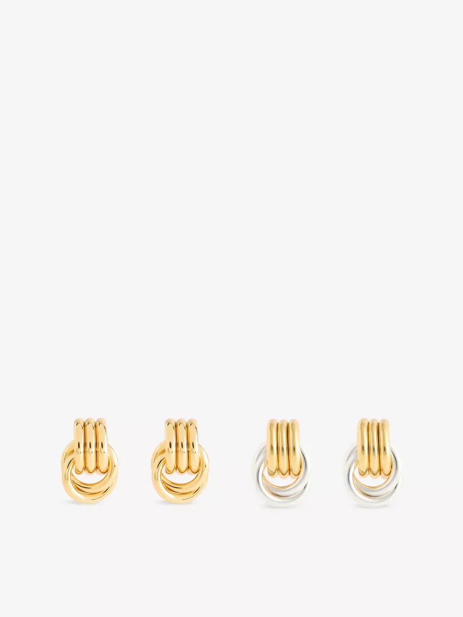 Mini Knot 18ct Yellow Gold and Silver-Plated Brass Stud Earring Set