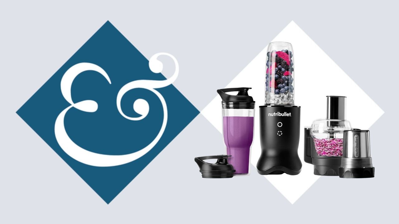 A cut out of the Nutribullet combo blender and food processor on a blue and white Homes &amp; Gardens diamond template, which has the curly ampersand highlighted on a darker blue diamond