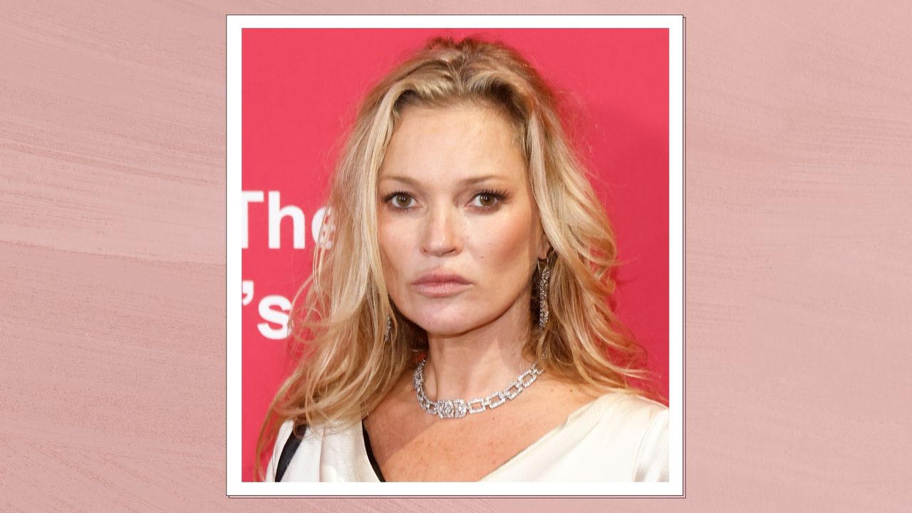 Kate Moss pictured with blonde, tousled hair wand wearing a cream silk dress at the 2024 King&#039;s Trust Global Gala at Cipriani South Street on May 02, 2024 in New York City/ in a pink template