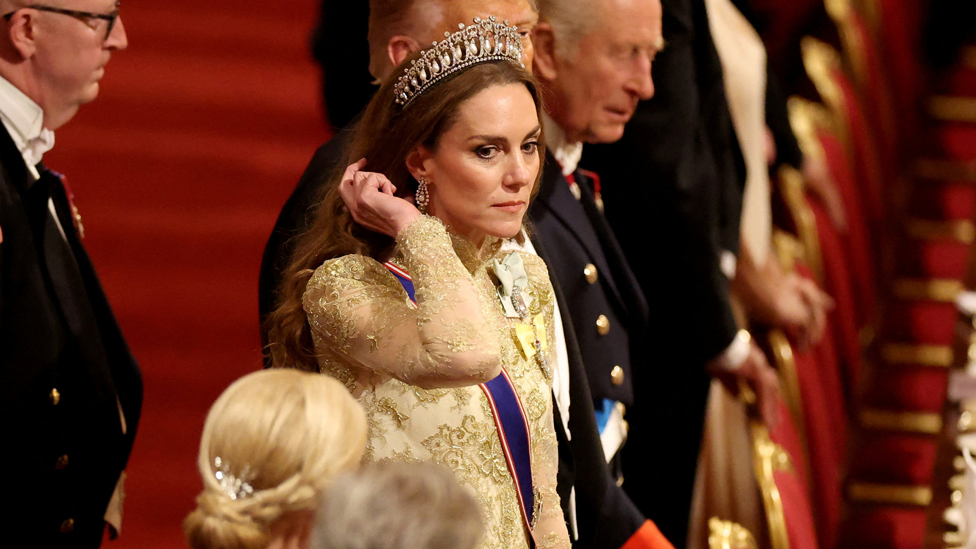 WINDSOR, ENGLAND - SEPTEMBER 17: Britain&#039;s King Charles, U.S. President Donald Trump and Britain&#039;s Catherine, Princess of Wales take their seats during a State Banquet at Windsor Castle for the State visit by the President of the United States of America on September 17, 2025 in Windsor, England. President Trump is in England from Sept. 16-18 on his second UK state visit, with the previous one taking place in 2019 during his first presidential term. (Photo by Phil Noble - WPA Pool/Getty Images)