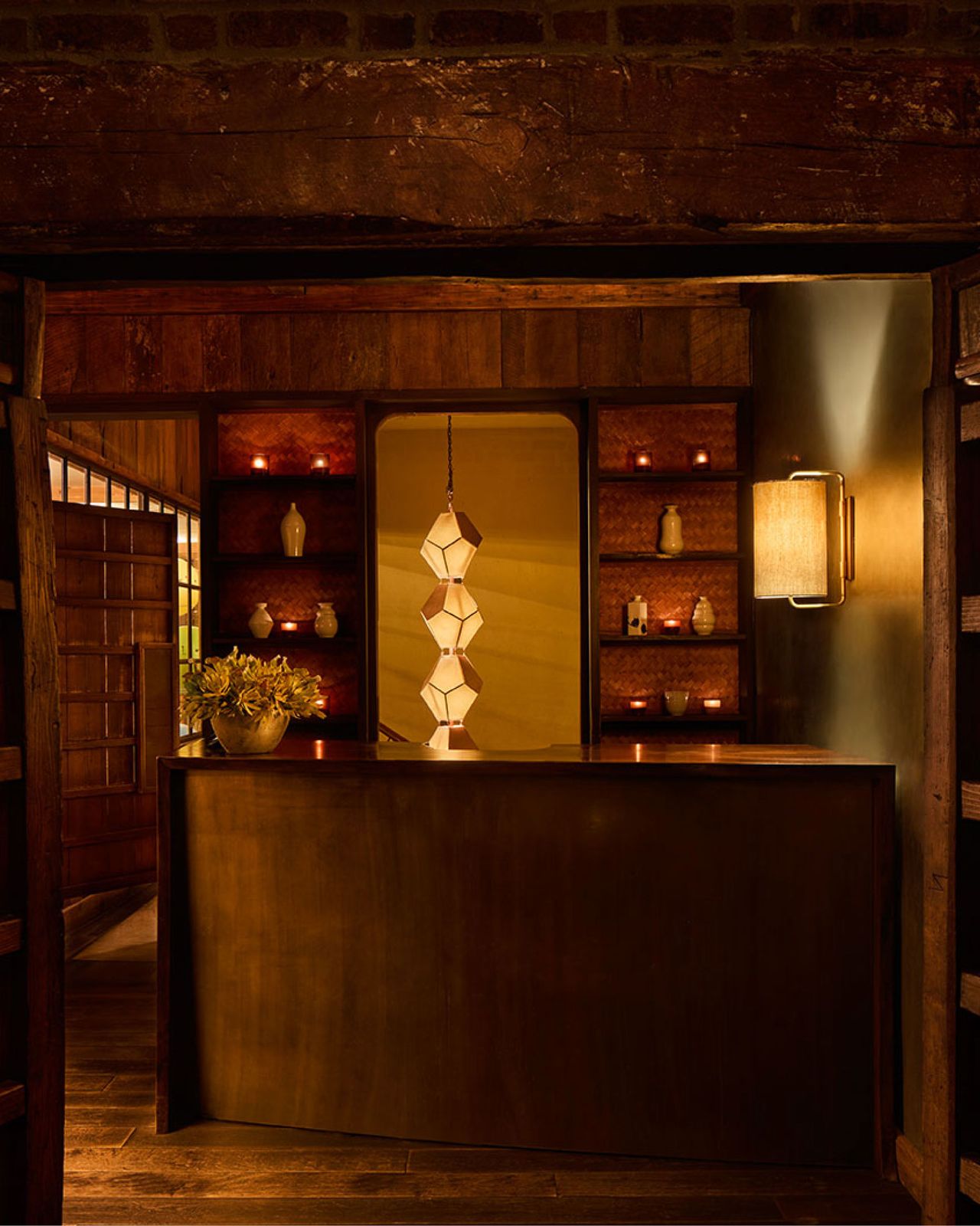 A wood and warm yellow glass-decorated spa exudes a soul-soothing atmopshere.