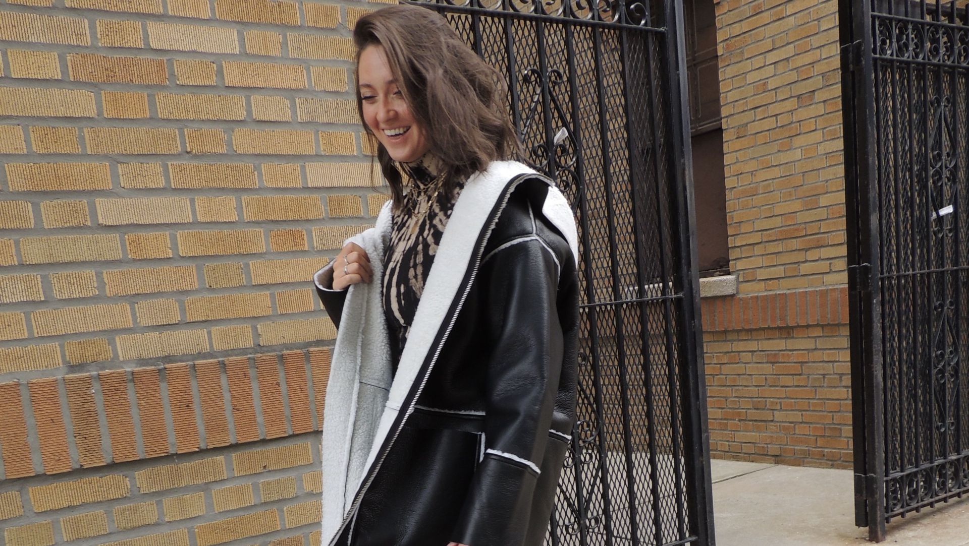 Clothing, Footwear, Outerwear, Street fashion, Jacket, Door, Leather, Boot, Brick, Costume,