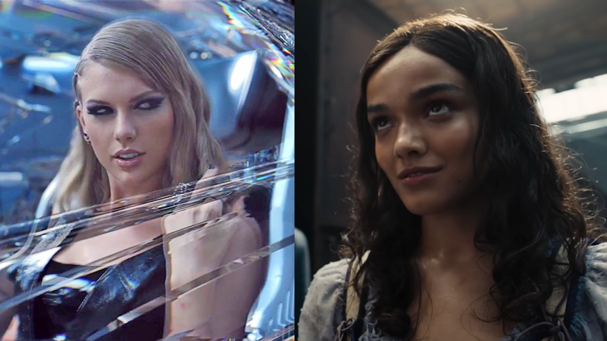 A side-by-side image showing Taylor Swift in the &#039;Bad Blood&#039; music video and Rachel Ziegler in &#039;Hunger Games: The Ballad of Songbirds and Snakes&#039;