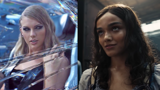 A side-by-side image showing Taylor Swift in the 'Bad Blood' music video and Rachel Ziegler in 'Hunger Games: The Ballad of Songbirds and Snakes'