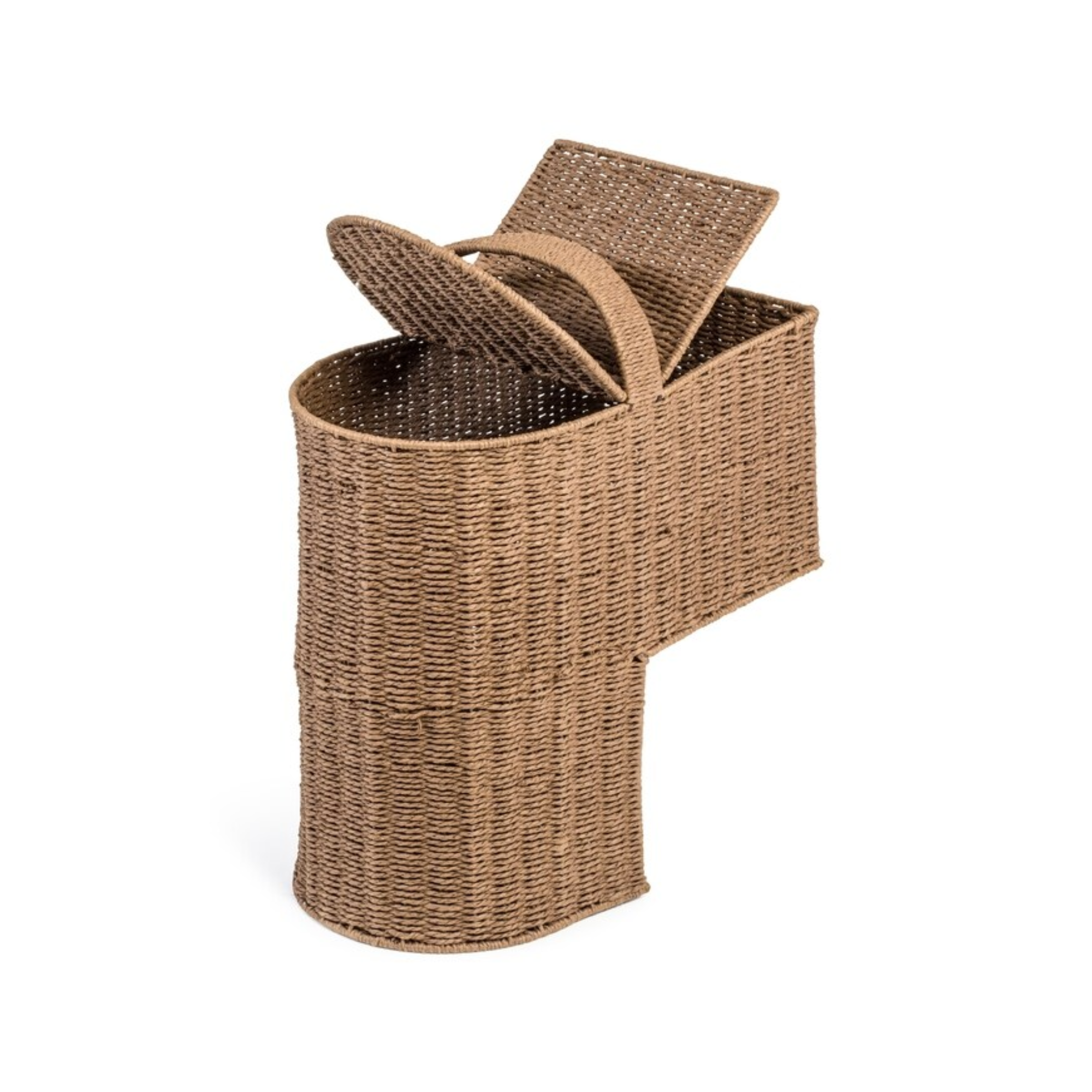 a woven staircase storage basket with handles