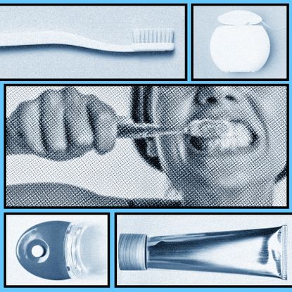 professional teeth whitening collage with toothbrushes