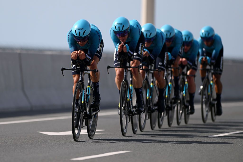 KHALIFA PORT UNITED ARAB EMIRATES FEBRUARY 21 Alexey Lutsenko of Kazakhstan and Astana Qazaqstan Team competing during the 5th UAE Tour 2023 Stage 2 a 173km team time trial in Khalifa Port UAETour on February 21 2023 in Khalifa Port United Arab Emirates Photo by Dario BelingheriGetty Images