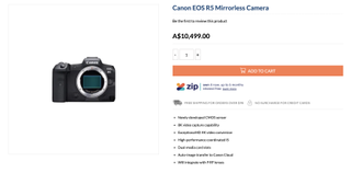 A screenshot of the Canon EOS R5 listing on Australian retailer Camera Warehouse's website
