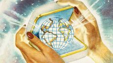 Illustrative collage of a woman's hands opening a jewellery box. Inside there is a sparkling illustration of the Earth.