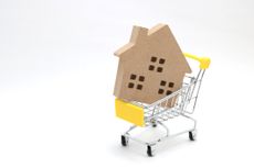 A house-shaped block in a tiny shopping cart