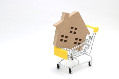 A house-shaped block in a tiny shopping cart