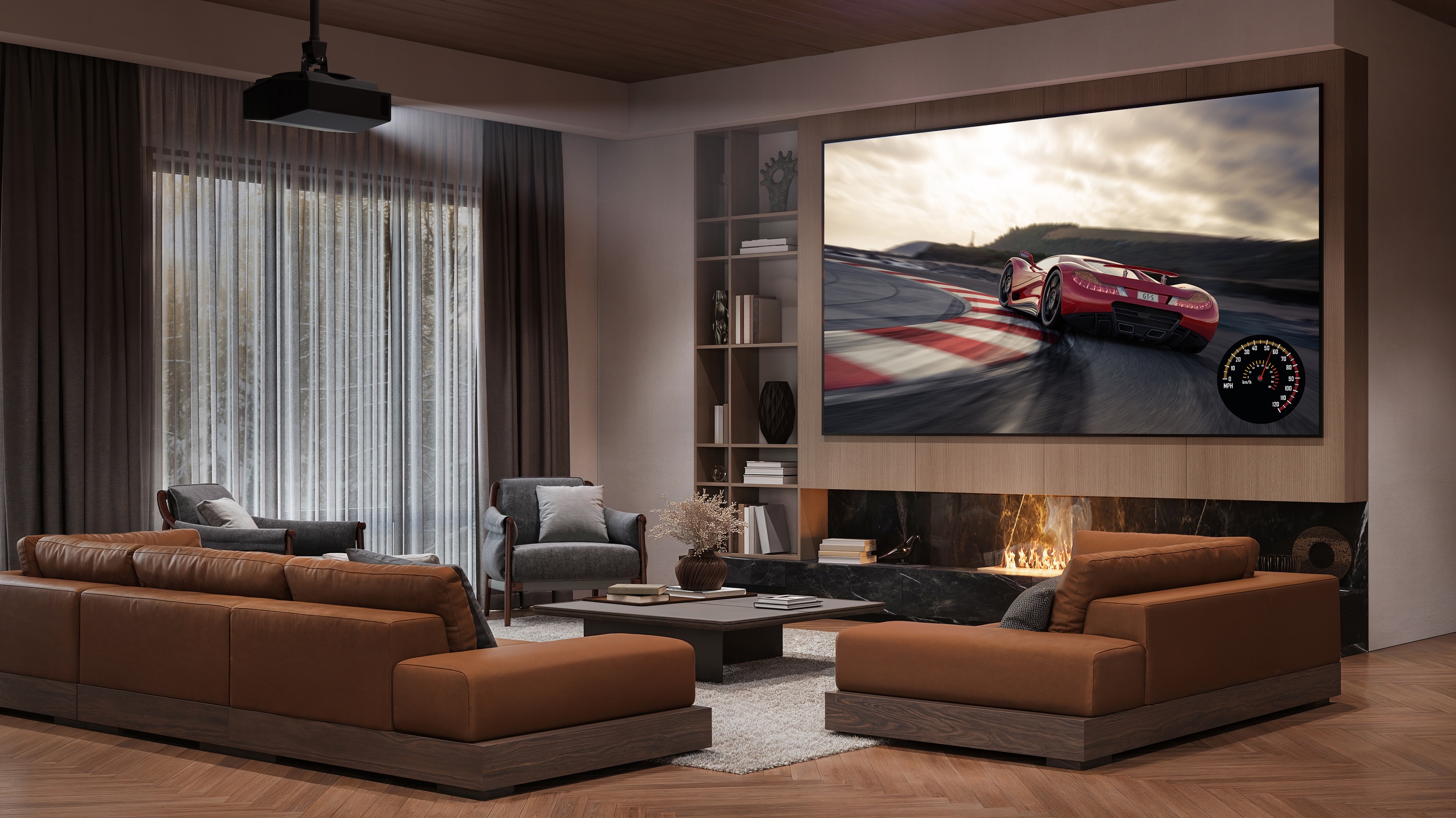 Lifestyle images of the Sony BRAVIA Projector 7 for gaming and movies