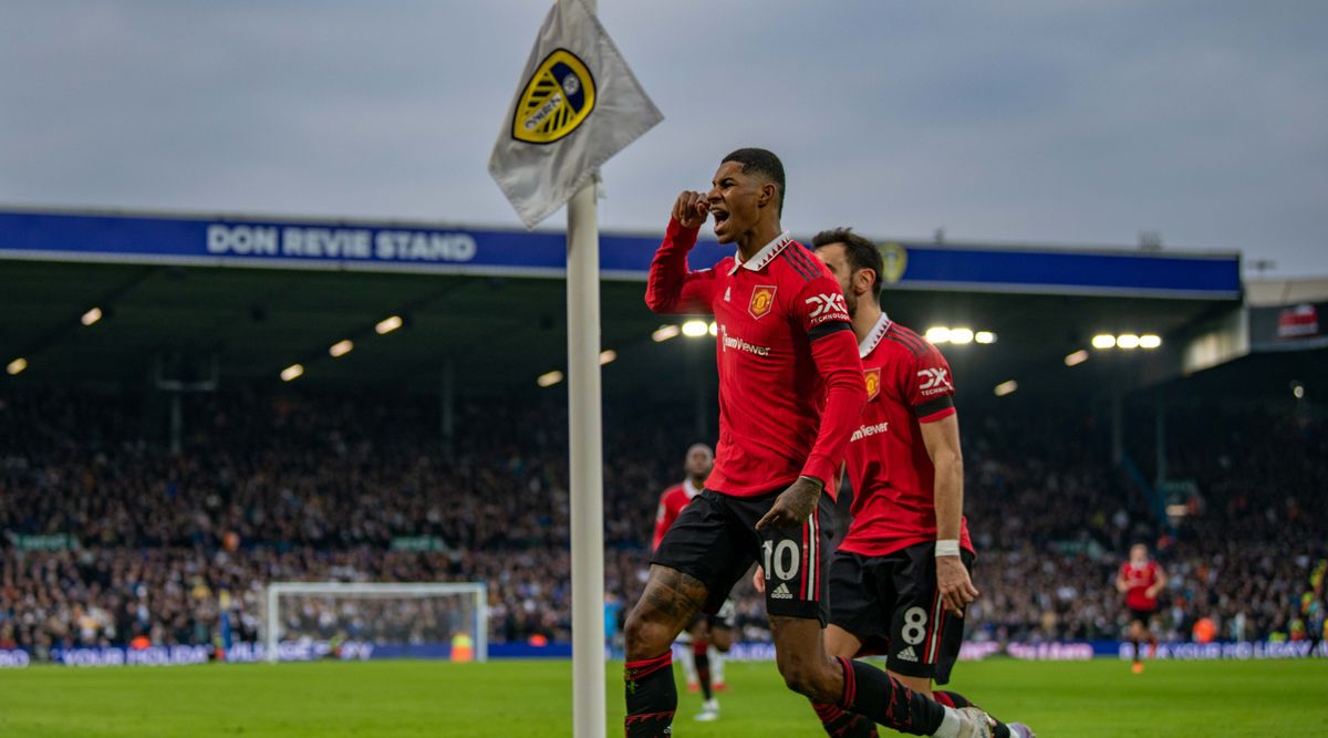 Marcus Rashford of Manchester United celebrates after scoring his team&#039;s first goal during the Premier League match between Leeds United and Manchester United at Elland Road in Leeds, United Kingdom on 12 February, 2023.