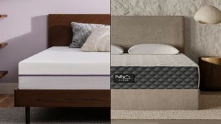 The image shows the Purple mattress on the left and the Puffy Cloud mattress on the right 