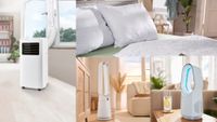range of cooling products including air con unit, fans and bedding