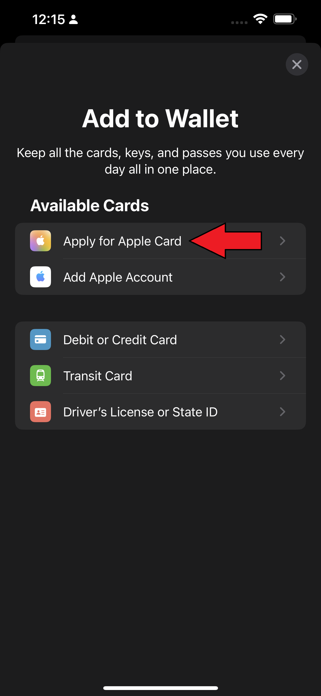 Arrow pointing at Apple for Apple Card