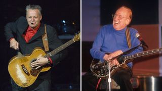 Tommy Emmanuel and Les Paul: On the left, Emmanuel beats on the top of his beat-up acoustic with some brushes. On the right, Les Paul laughs onstage at the Iridium, with his eponymous guitar cradled on his lap.