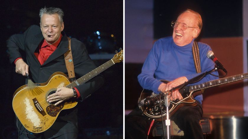 Tommy Emmanuel and Les Paul: On the left, Emmanuel beats on the top of his beat-up acoustic with some brushes. On the right, Les Paul laughs onstage at the Iridium, with his eponymous guitar cradled on his lap.