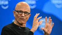 Microsoft CEO Satya Nadella gestures as he speaks during the World Economic Forum (WEF) annual meeting in Davos on January 20, 2026.