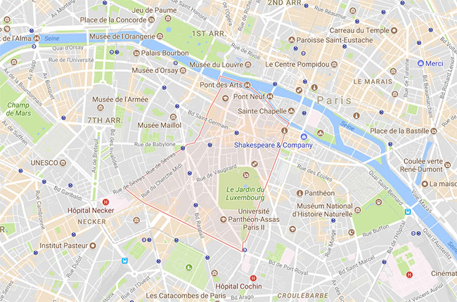 A map showing the sixth arrondissement of Paris.