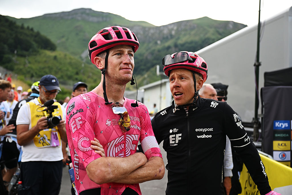 Harry Sweeny of Australia and Michael Valgren of Denmark and Team EF Education - EasyPost react after the 112th Tour de France 2025, Stage 10 