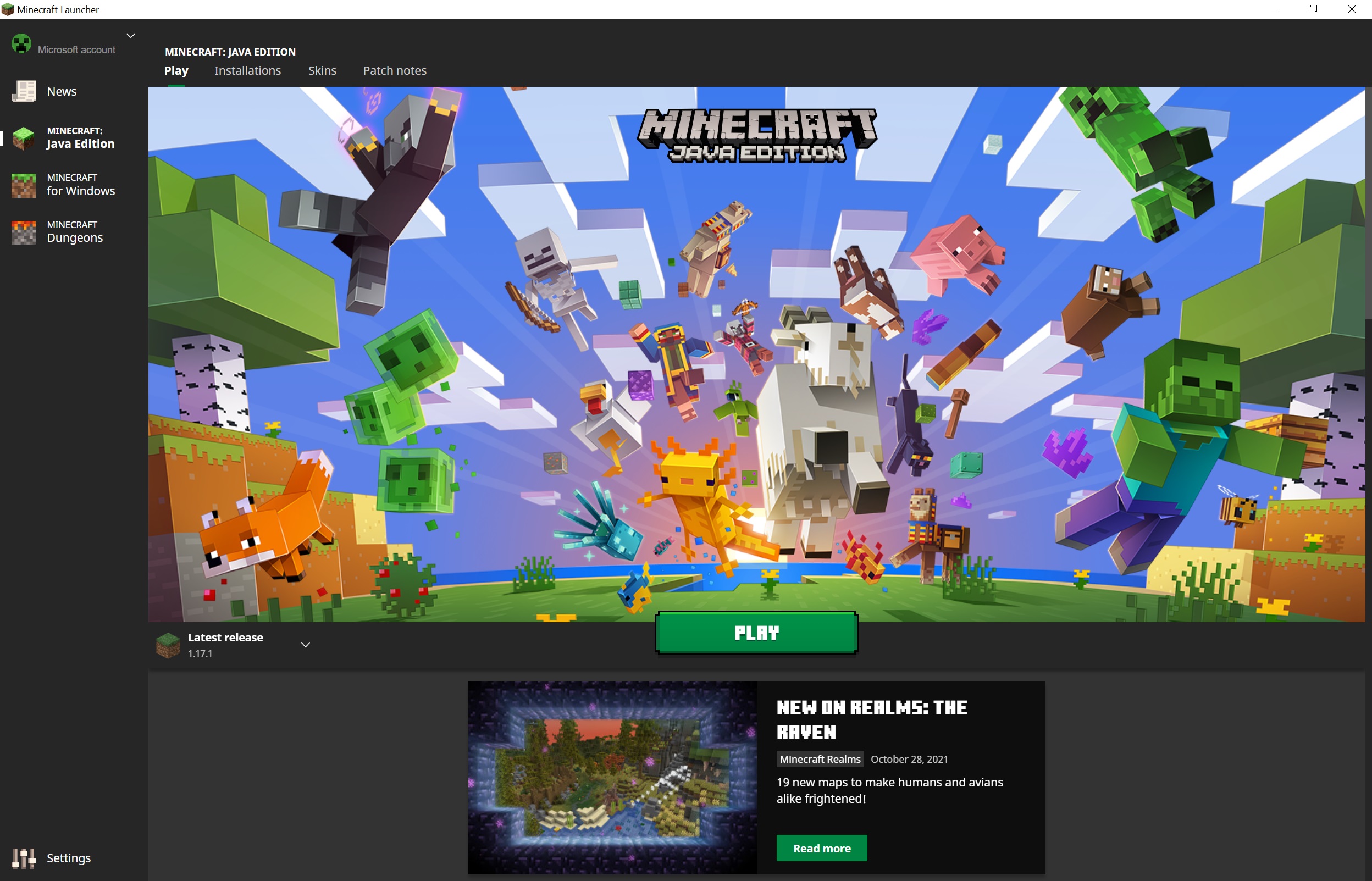 Minecraft Launcher - the new Windows 10 unified launcher for Minecraft which has Microsoft for Windows, Minecraft Java, and Minecraft Dungeons available in its sidebar.