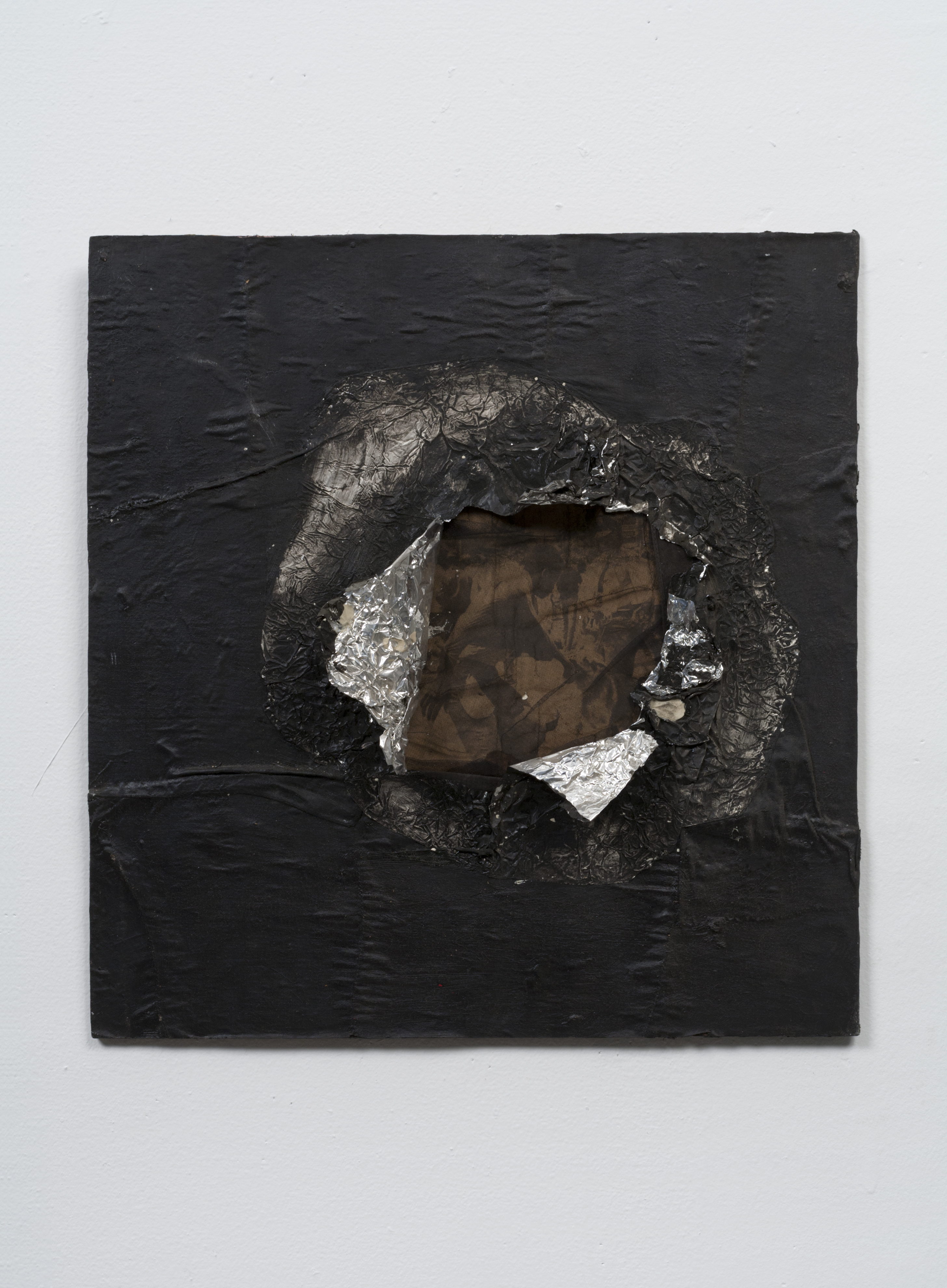 Jack Whitten, Birmingham, 1964. Aluminum foil, newsprint, stocking, and oil on plywood.