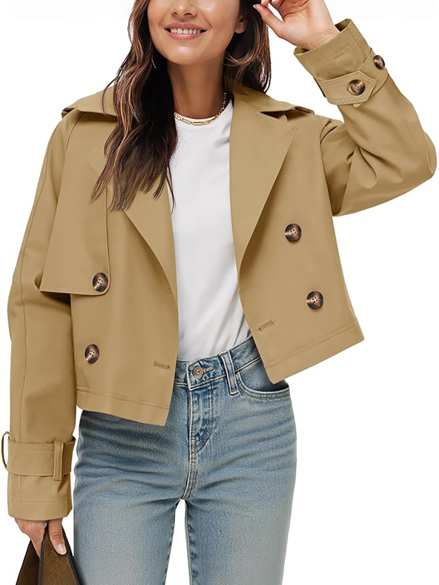 Tankaneo, Tankaneo Womens Cropped Trench Coat Lapel Double Breasted Short Jacket Outwear