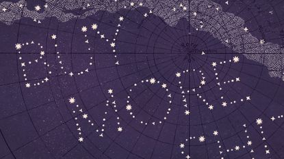 Illustrative collage of the map of the sky. The stars are arranged in constellations that spell out "BUY MORE"