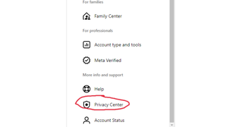 Privacy Center option showing on Instagram settings