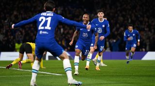 Raheem Sterling of Chelsea celebrates with his teammates after scoring his side's first goal during the UEFA Champions League last 16 second leg match between Chelsea and Borussia Dortmund at Stamford Bridge on March 7, 2023 in London, United Kingdom.