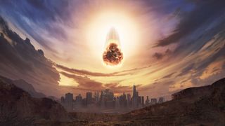 an asteroid falls to Earth above a city skyline