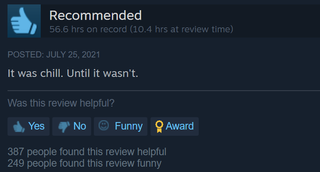 A review reading "It was chill. Until it wasn't" with 249 people voting it "Funny"