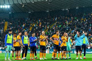 Sampdoria players apologise to their fans after relegation to Serie B is confirmed following a match against Udinese in May 2023.