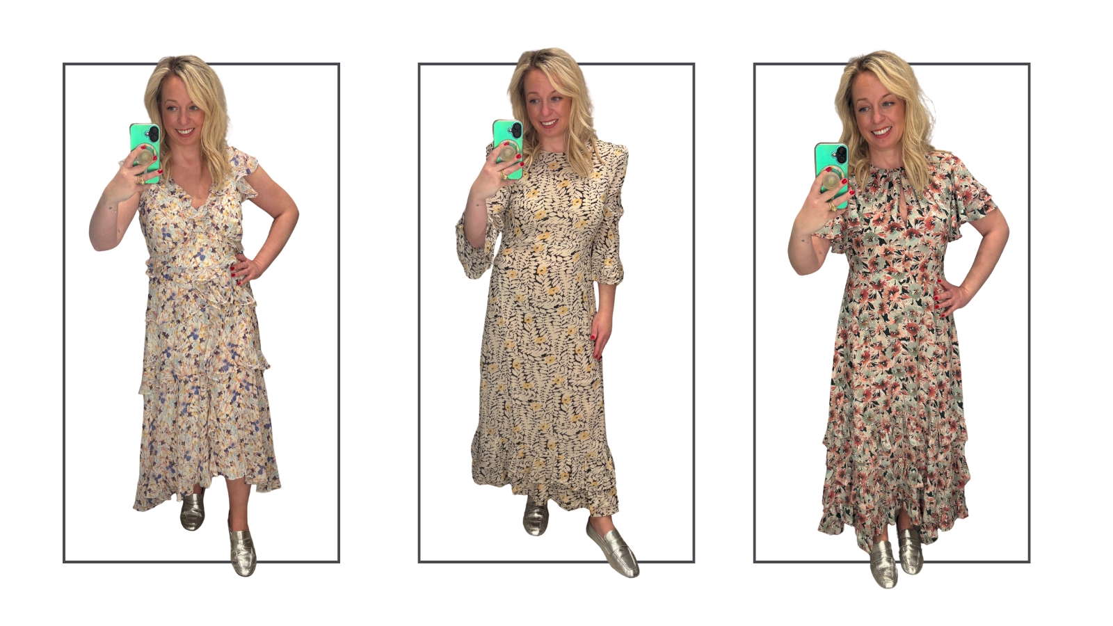 Antonia Kraskowski wearing three floral midi dresses from Mint Velvet