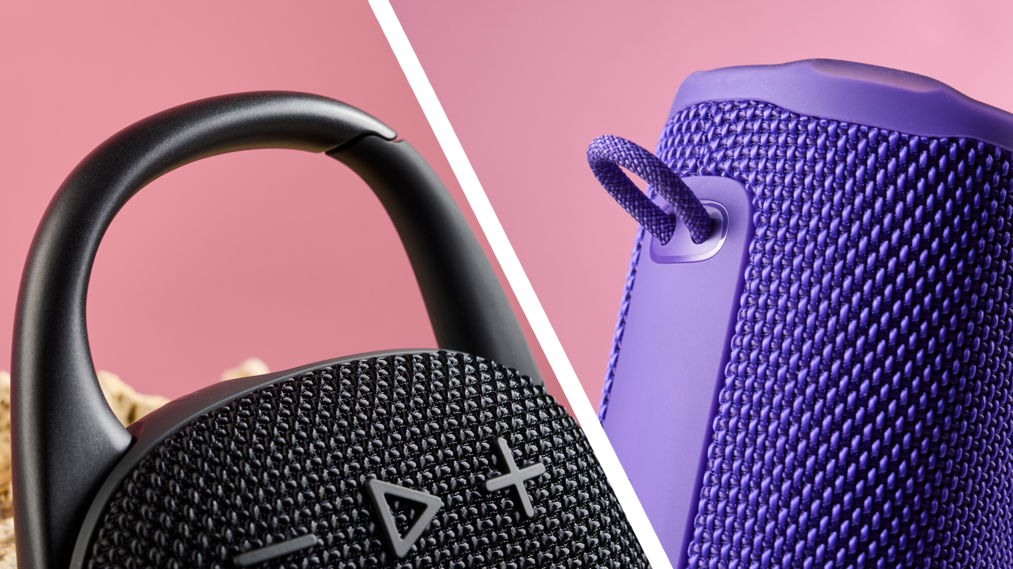 A close-up of the JBL Clip 5's carabiner, and the JBL Grip's fabric loop.
