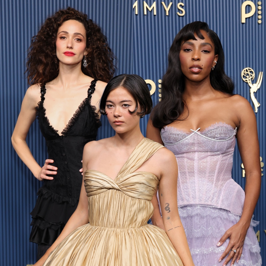 three women in gowns at the 2026 emmys