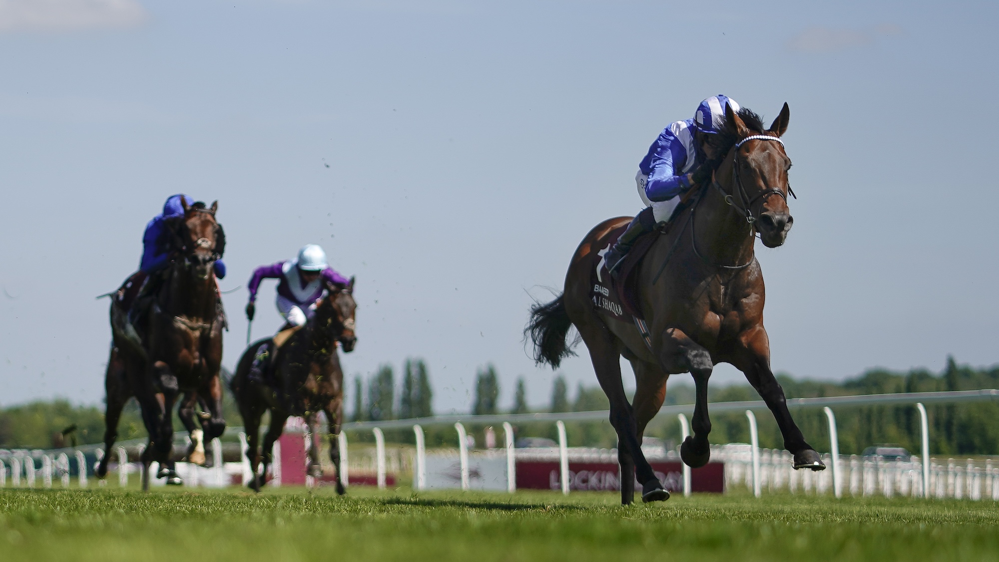 NEWBURY, ENGLAND - MAY 14: Jim Crowley riding Baaeed (R) win The Al Shaqab Lockinge Stakes at Newbury Racecourse on May 14, 2022 in Newbury, England. (Photo by Alan Crowhurst/Getty Images)